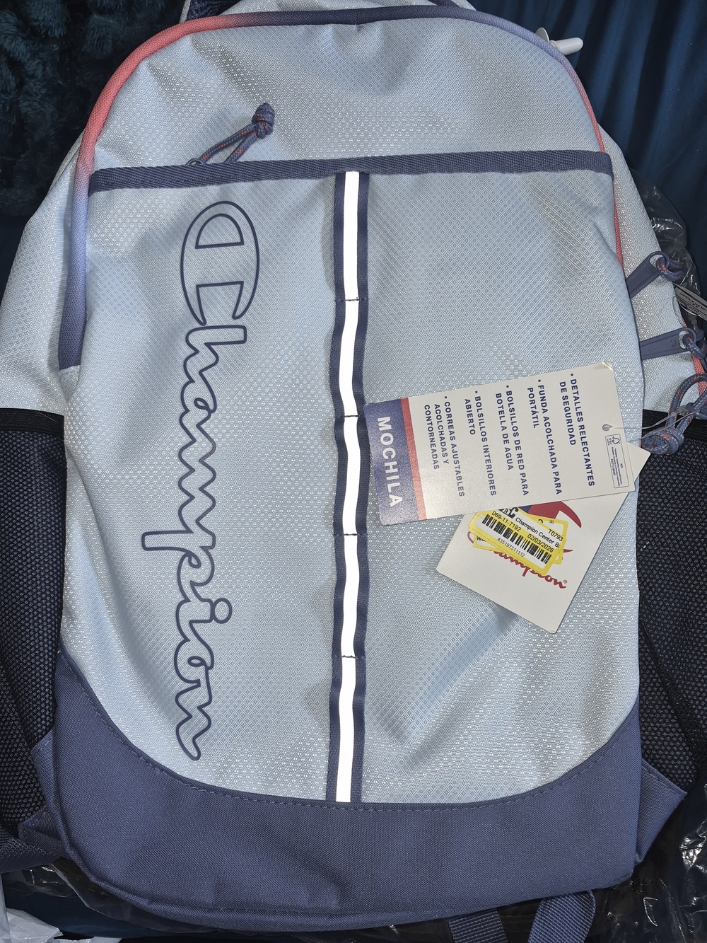 Champion Light Blue and Navy Everyday Backpack with Pink Trim